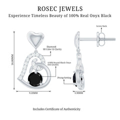 Genuine Black Onyx Heart Drop Earrings with Diamond