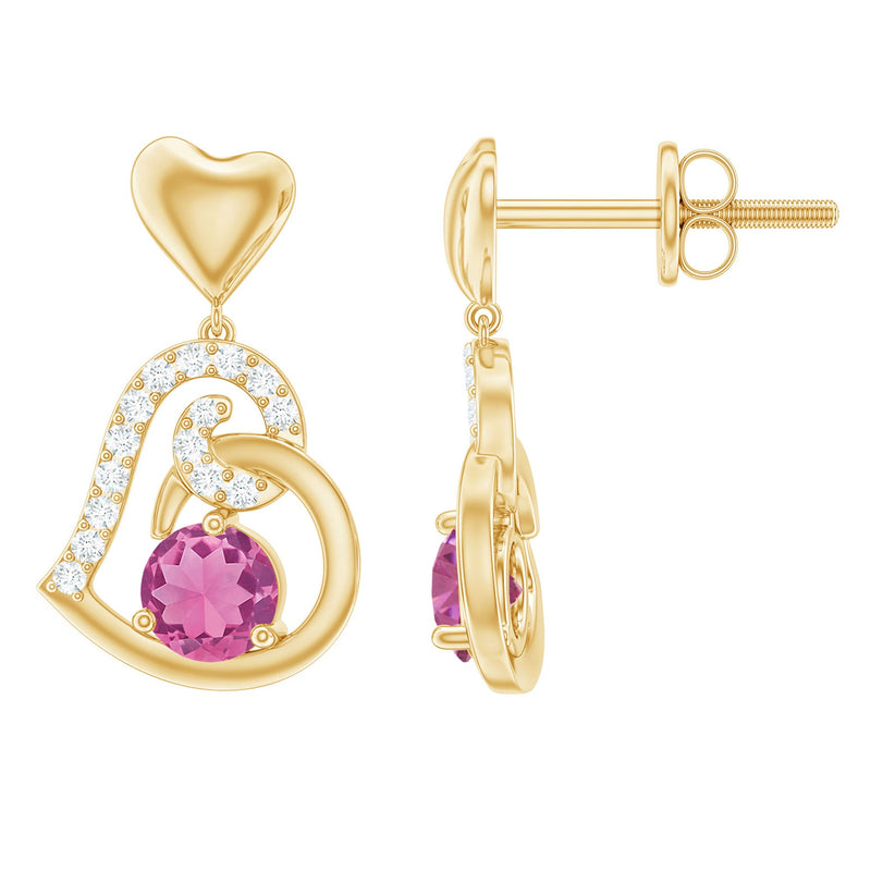 Real Pink Tourmaline and Diamond Heart Drop Earrings