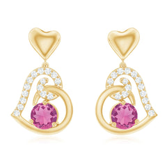Real Pink Tourmaline and Diamond Heart Drop Earrings