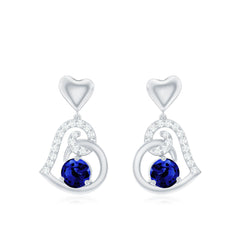 Created Blue Sapphire and Diamond Heart Drop Earrings