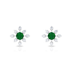 Certified Emerald and Diamond Contemporary Flower Stud Earrings