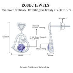 1 Carat Tanzanite and Diamond Heart Drop Earrings