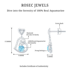 Natural Aquamarine Heart Drop Earrings with Diamond