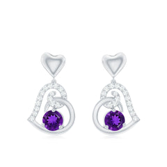 Natural Amethyst Diamond Heart Drop Earrings