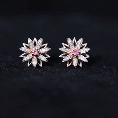 Round Pink Tourmaline Flower Stud Earrings with Diamond