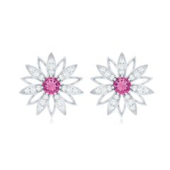 Round Pink Tourmaline Flower Stud Earrings with Diamond