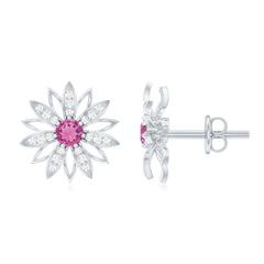 Round Pink Tourmaline Flower Stud Earrings with Diamond