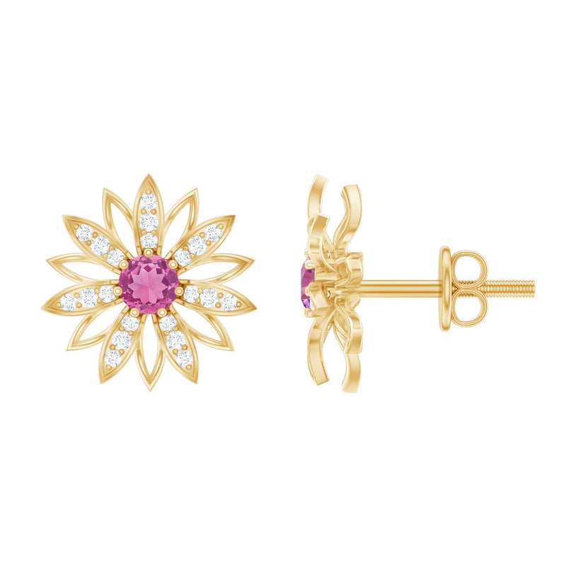 Round Pink Tourmaline Flower Stud Earrings with Diamond