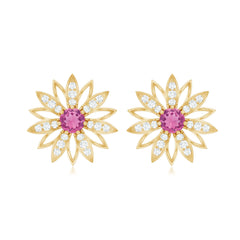 Round Pink Tourmaline Flower Stud Earrings with Diamond