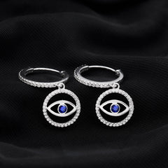 Real Blue Sapphire and Diamond Evil Eye Hoop Drop Earrings