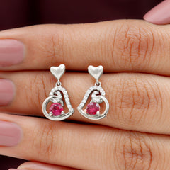 Lab Created Ruby and Diamond Heart Drop Earrings