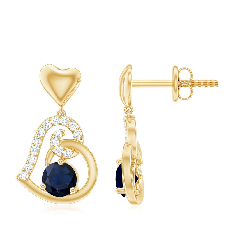 Real 0.8 Carat Blue Sapphire and Diamond Dangling Earrings