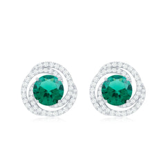 Lab Created Emerald and Diamond Spiral Stud Earrings