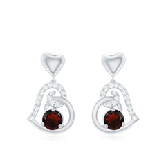 Garnet Heart Drop Earrings with Diamond Accent
