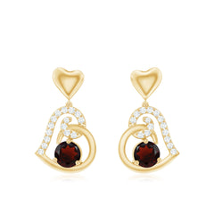 Garnet Heart Drop Earrings with Diamond Accent