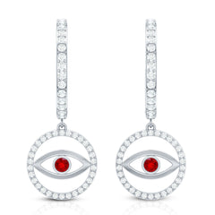 Lab Created Ruby and Moissanite Evil Eye Hoop Drop Earrings