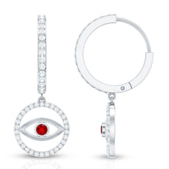 Lab Created Ruby and Moissanite Evil Eye Hoop Drop Earrings