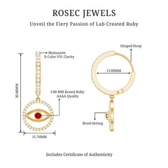 Lab Created Ruby and Moissanite Evil Eye Hoop Drop Earrings