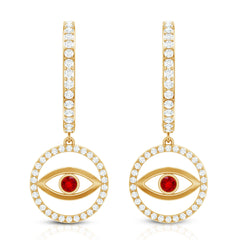 Lab Created Ruby and Moissanite Evil Eye Hoop Drop Earrings