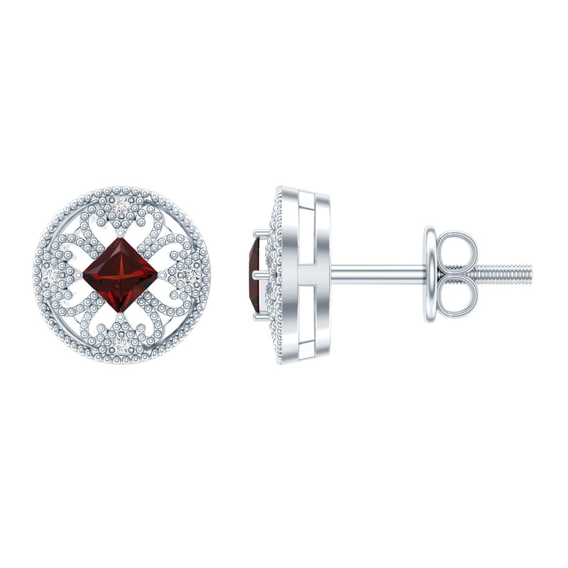 Vintage Inspired Garnet Stud Earrings with Diamond in Silver