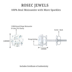 Round Moissanite 1 Carat Stud Earrings with Screw Back
