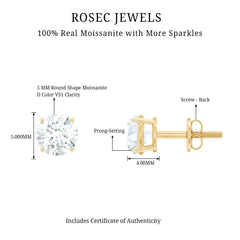 Round Moissanite 1 Carat Stud Earrings with Screw Back