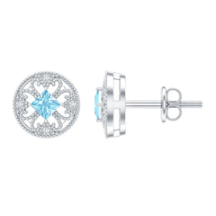 Natural Aquamarine Vintage Stud Earrings with Lab Diamond