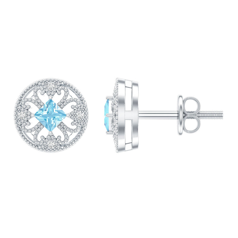 Natural Aquamarine Vintage Stud Earrings with Lab Diamond