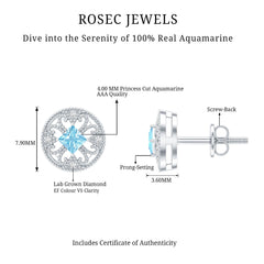Natural Aquamarine Vintage Stud Earrings with Lab Diamond