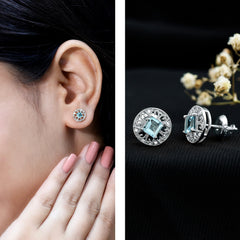 Natural Aquamarine Vintage Stud Earrings with Lab Diamond