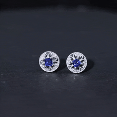 Antique Inspired Blue Sapphire and Diamond Stud Earrings