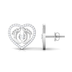 Diamond Heart Stud Earrings with Baby Feet