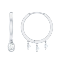 Natural 3 Stone Diamond Drop Hoop Earrings