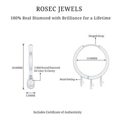 Natural 3 Stone Diamond Drop Hoop Earrings