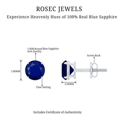 5MM Round Blue Sapphire Solitaire Stud Earrings in Claw Setting