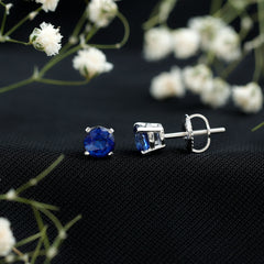 5MM Round Blue Sapphire Solitaire Stud Earrings in Claw Setting
