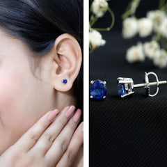 5MM Round Blue Sapphire Solitaire Stud Earrings in Claw Setting