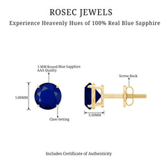 5MM Round Blue Sapphire Solitaire Stud Earrings in Claw Setting