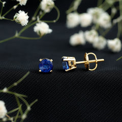 5MM Round Blue Sapphire Solitaire Stud Earrings in Claw Setting