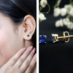 5MM Round Blue Sapphire Solitaire Stud Earrings in Claw Setting