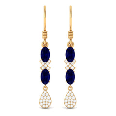 2 CT Oval Cut Blue Sapphire and Diamond Dangle Earrings