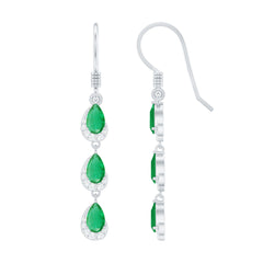 Pear Cut Emerald Dangle Earrings with Diamond