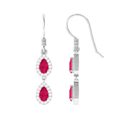 Real Pear Shape Ruby Dangle Earrings with Diamond