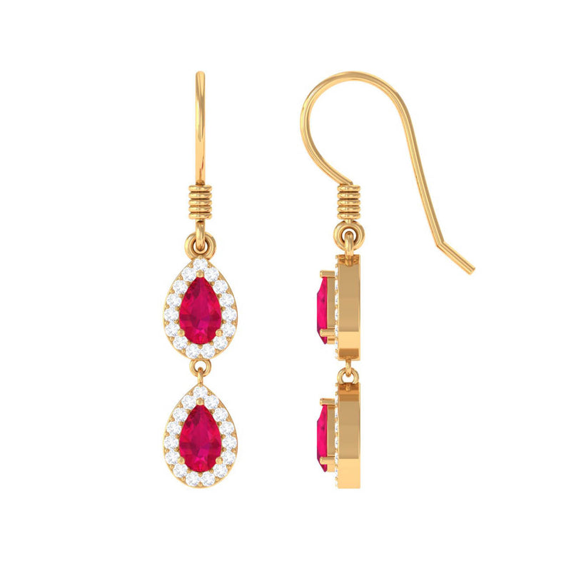 Real Pear Shape Ruby Dangle Earrings with Diamond