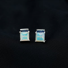 Princess Cut Ethiopian Opal Stud Earrings with Blue Sapphire Trio