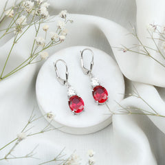 Oval Shape Lab Created Ruby Dangle Drop Earrings with Moissanite