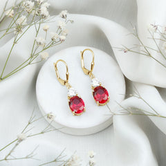 Oval Shape Lab Created Ruby Dangle Drop Earrings with Moissanite