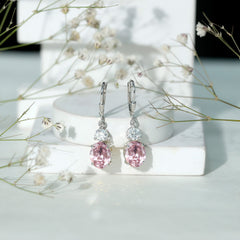 Lab Grown Pink Sapphire and Moissanite Drop Earrings With Leverback