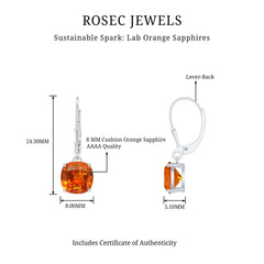 5.5 CT Cushion Cut Lab Created Orange Sapphire Drop Earrings