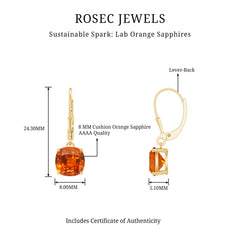 5.5 CT Cushion Cut Lab Created Orange Sapphire Drop Earrings